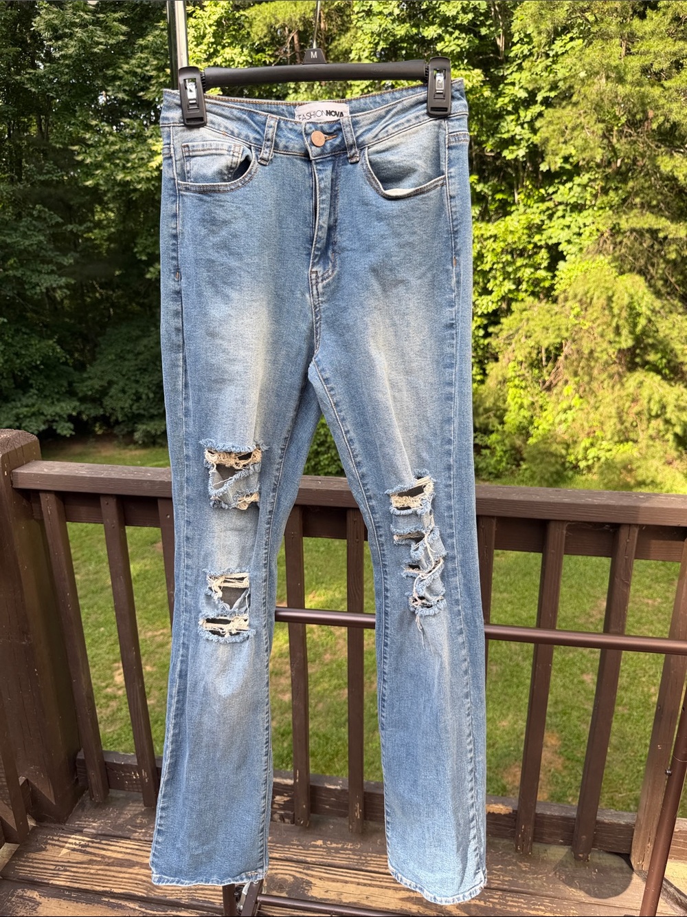Fashion Nova Light Blue Distressed Flare Jeans